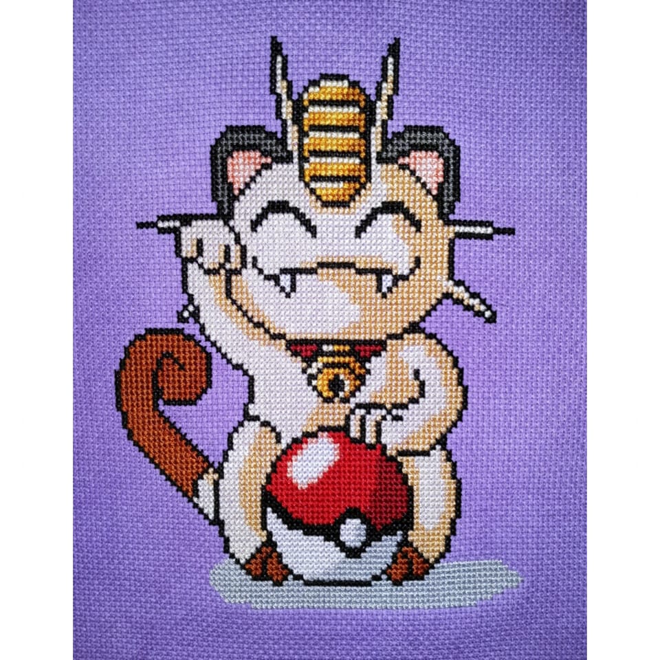 Meowth/Lucky Cat (Maneki-Neko) mashup Cross Stitch Pattern - instant PDF Download