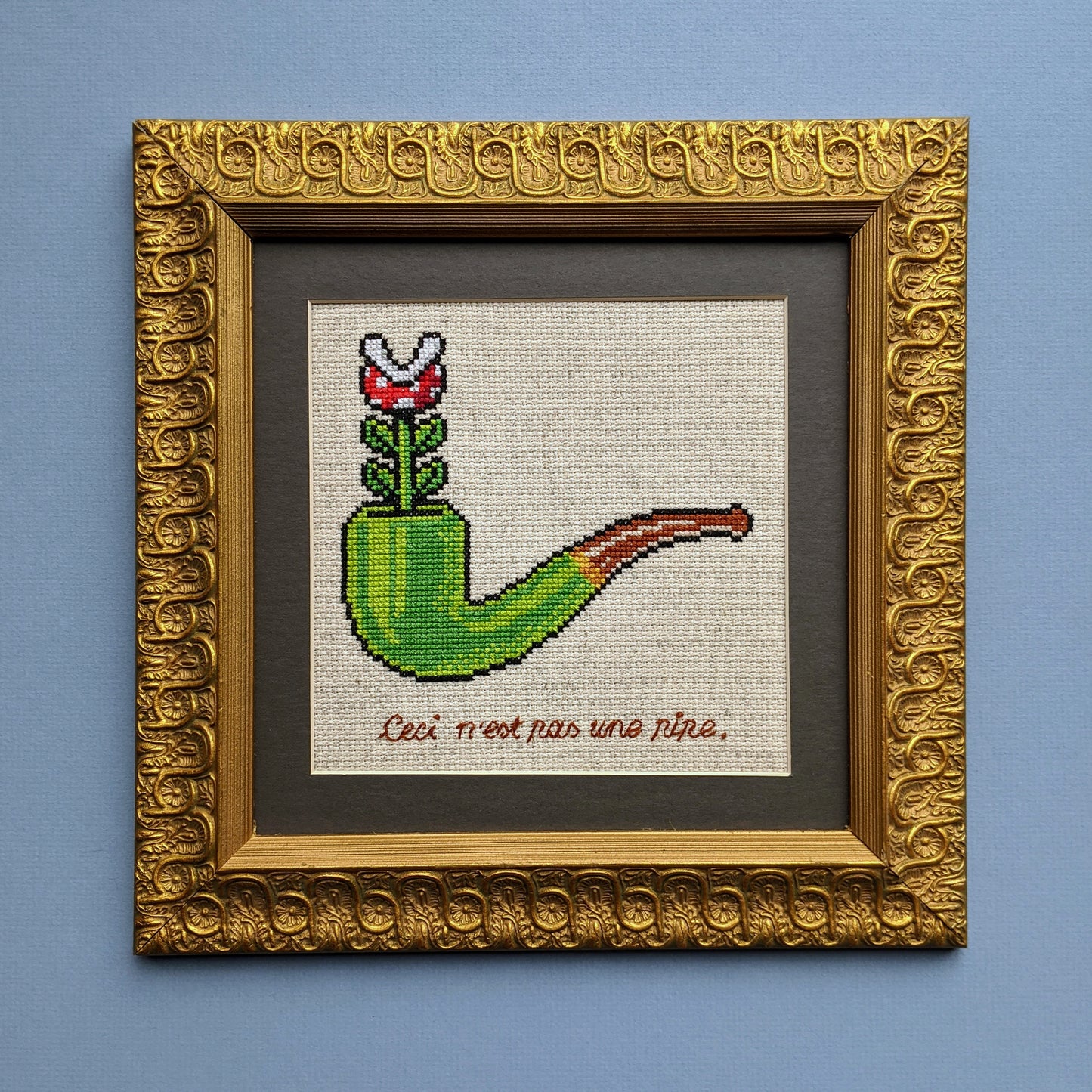 This is not a (warp) pipe: Magritte Meets Mario PDF subversive cross stitch pattern - instant download (video game vs Modern art parody)