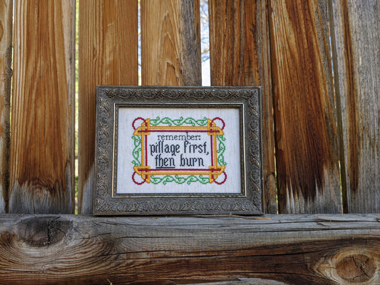 Raider's Creed: "Pillage First, Then Burn" funny subversive cross stitch pattern with Norse/Viking motifs - Instant PDF Download