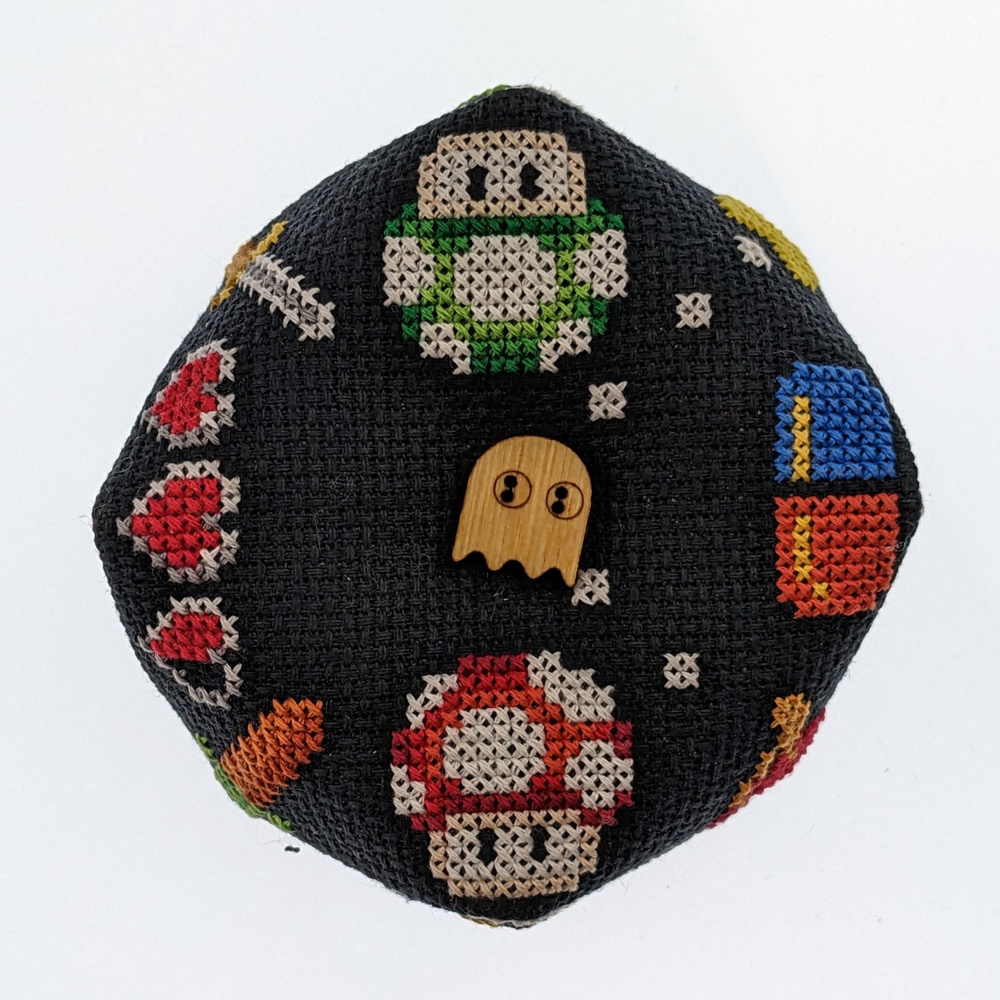 8BitscOrtnu: 8bit/retro video game-inspired ort-filled cross stitch biscornu PRINTED pattern with custom buttons!(US Shipping included)
