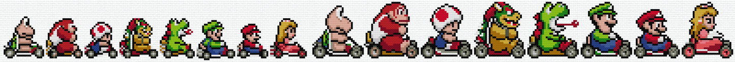 A digital render of the available cross stitch sprites for this pattern: Peach, Mario, Yoshi, Luigi, Bowser, Toad, Donkey Kong, and Koopa. There is also a smaller version of each character.They're all facing to the right. 