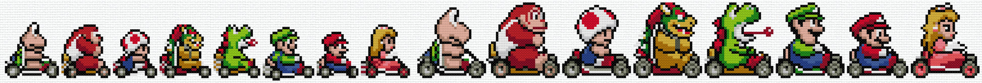A digital render of the available cross stitch sprites for this pattern: Peach, Mario, Yoshi, Luigi, Bowser, Toad, Donkey Kong, and Koopa. There is also a smaller version of each character.They're all facing to the right. 