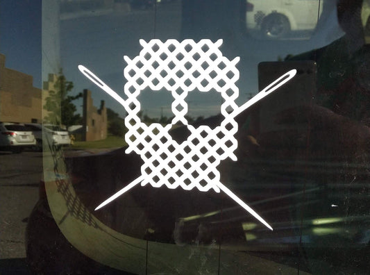 Skull and Cross Stitch (Jolly Roger) Xstitch themed vinyl decal - free US shipping