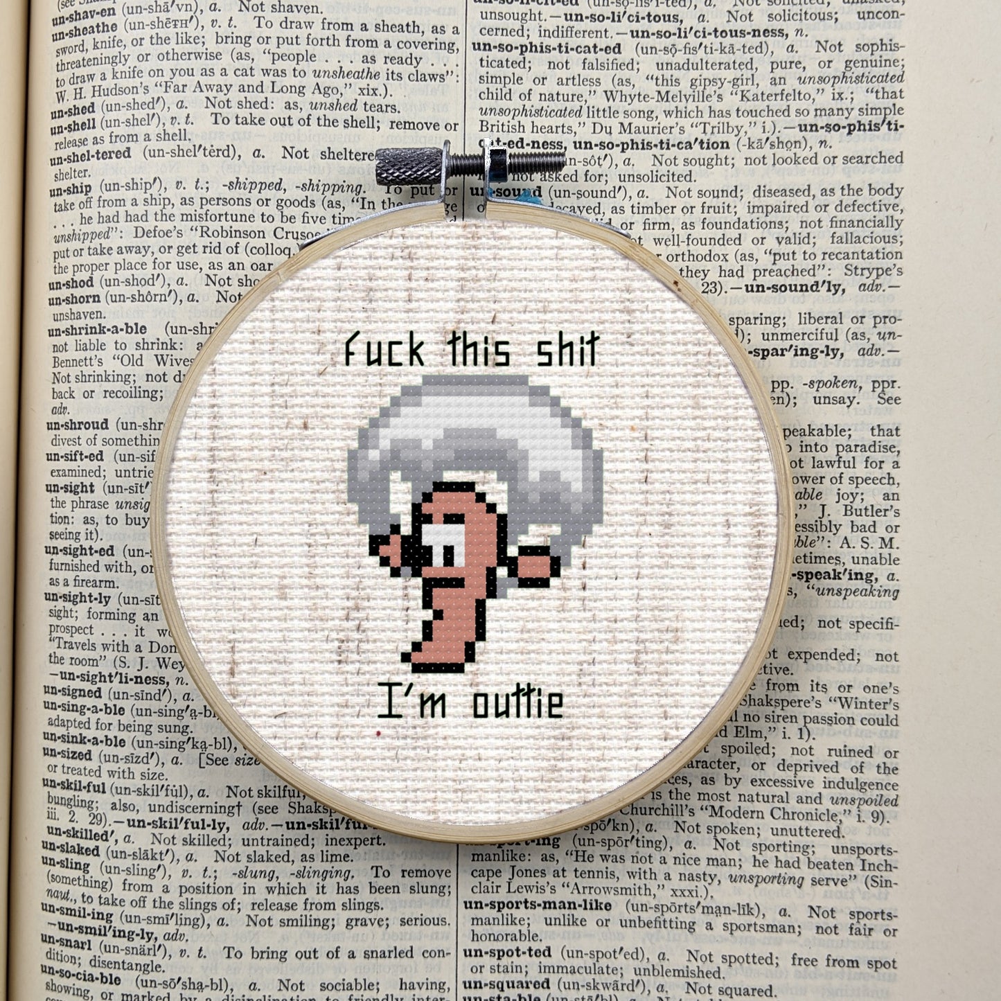 Worms-inspired cross stitch pattern, "Fuck this shit I'm outtie"