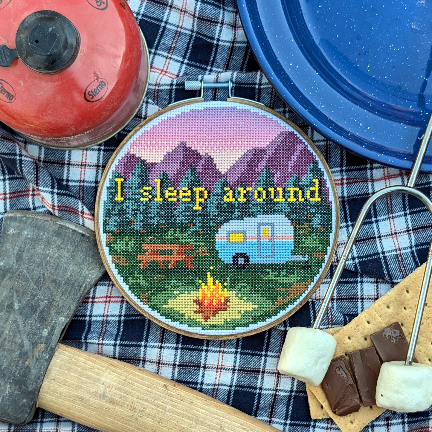 I Sleep Around - Funny Camping Vintage RV themed Cross Stitch Pattern - Instant PDF Download