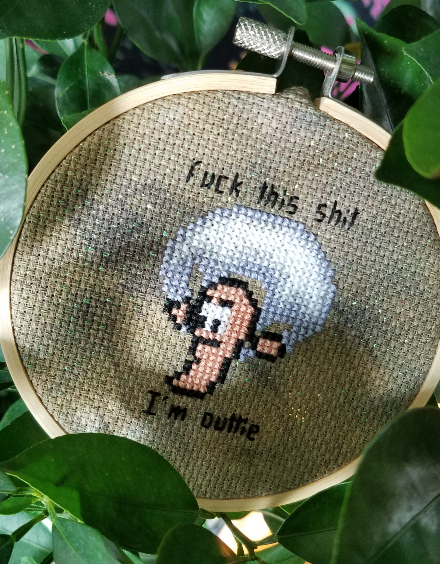 Worms-inspired cross stitch pattern, "Fuck this shit I'm outtie"