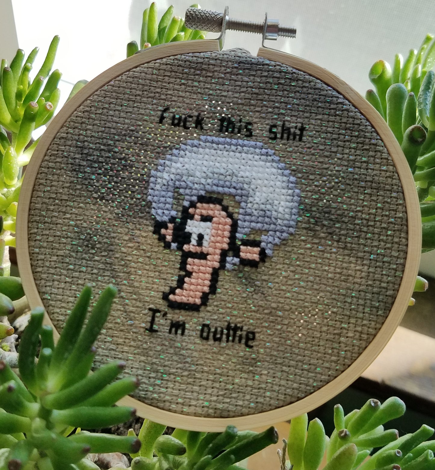 Worms-inspired cross stitch pattern, "Fuck this shit I'm outtie"