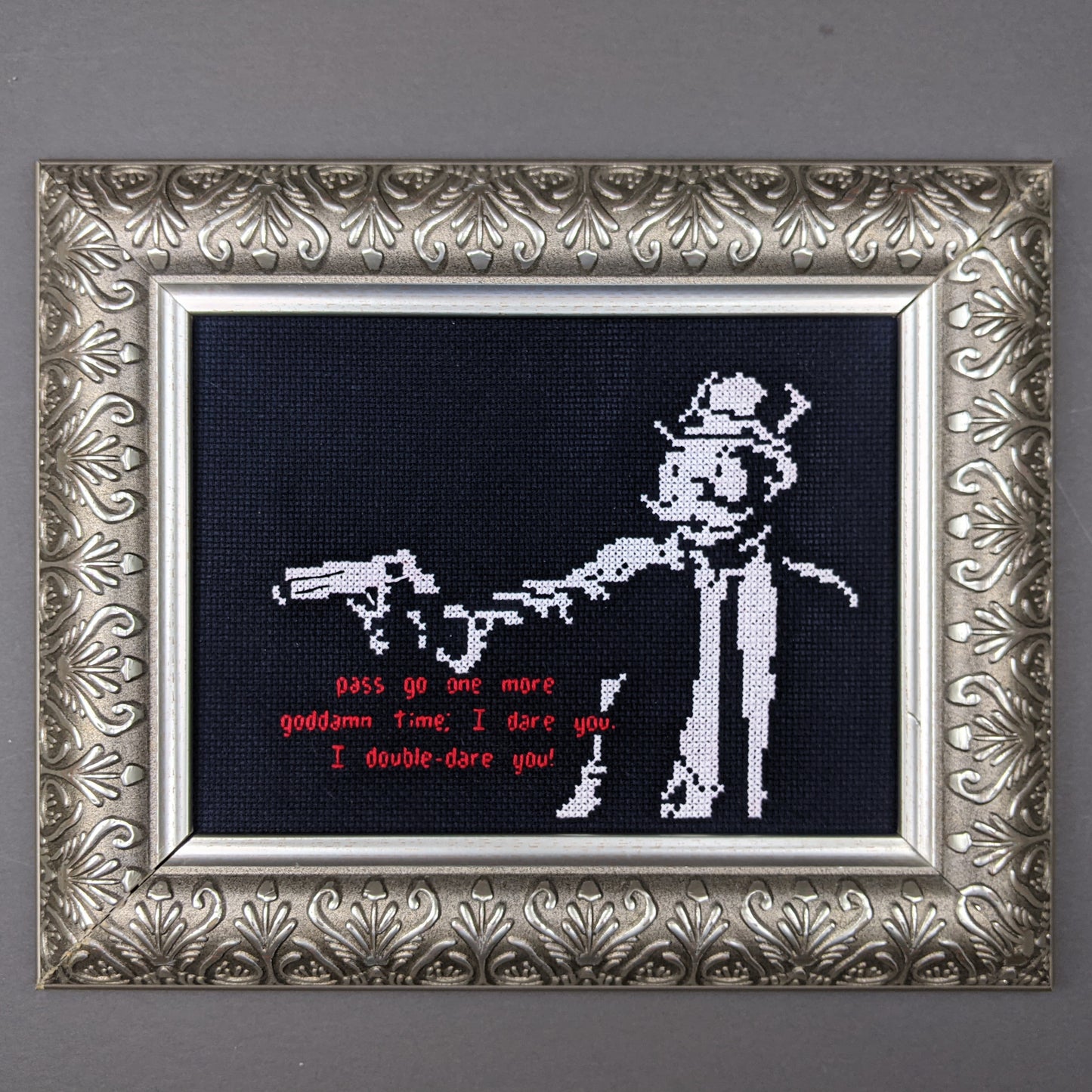 Pulp Fiction vs Banksy vs Monopoly cross stitch pattern - culture jammed parody  - instant PDF Download