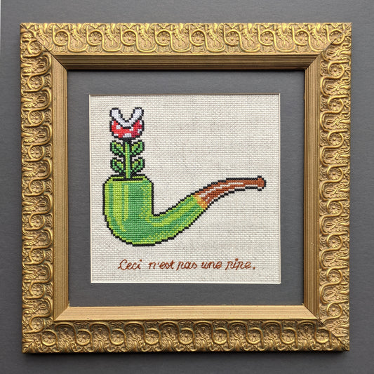 This is not a (warp) pipe: Magritte Meets Mario PDF subversive cross stitch pattern - instant download (video game vs Modern art parody)