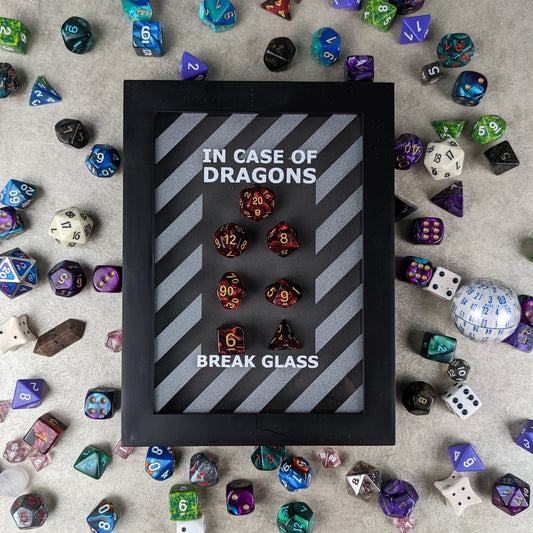 Emergency Dice Kit: In case of dragons break glass - Funny Gift for DND/D&D Roleplaying Game RPG fans. (Shadow Box decor)