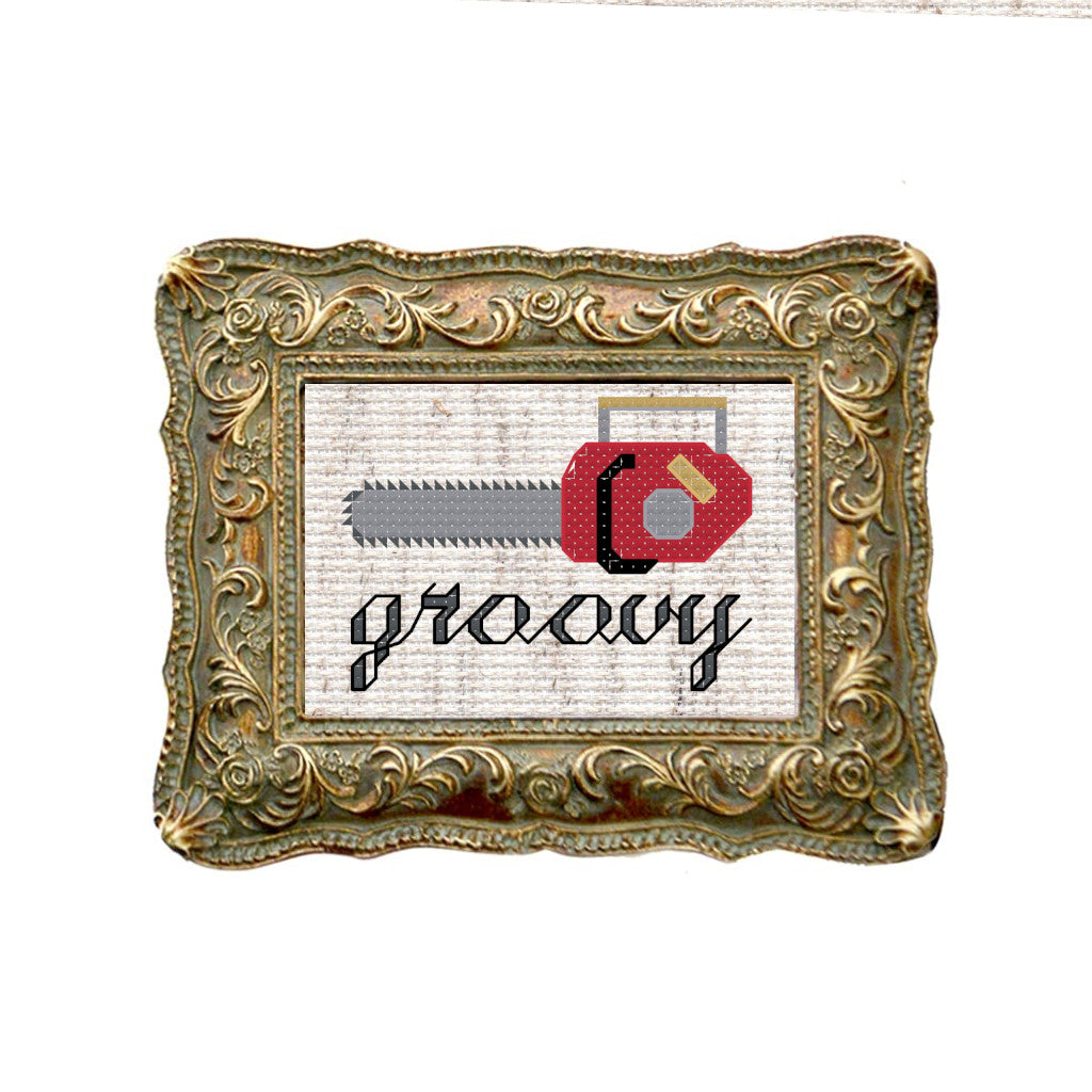 Groovy Ash's Chainsaw mini cross stitch pattern - instant PDF download