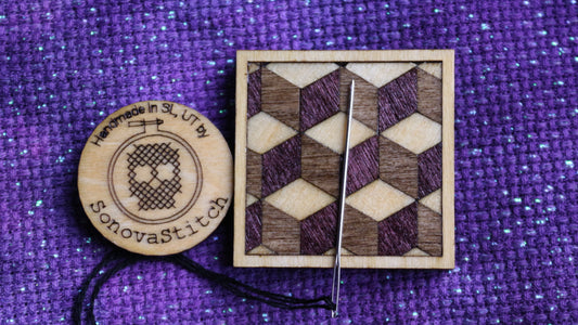 Luxury Needle Minder: "tumbling blocks" marquetry (wood inlay) - extremely strong magnets