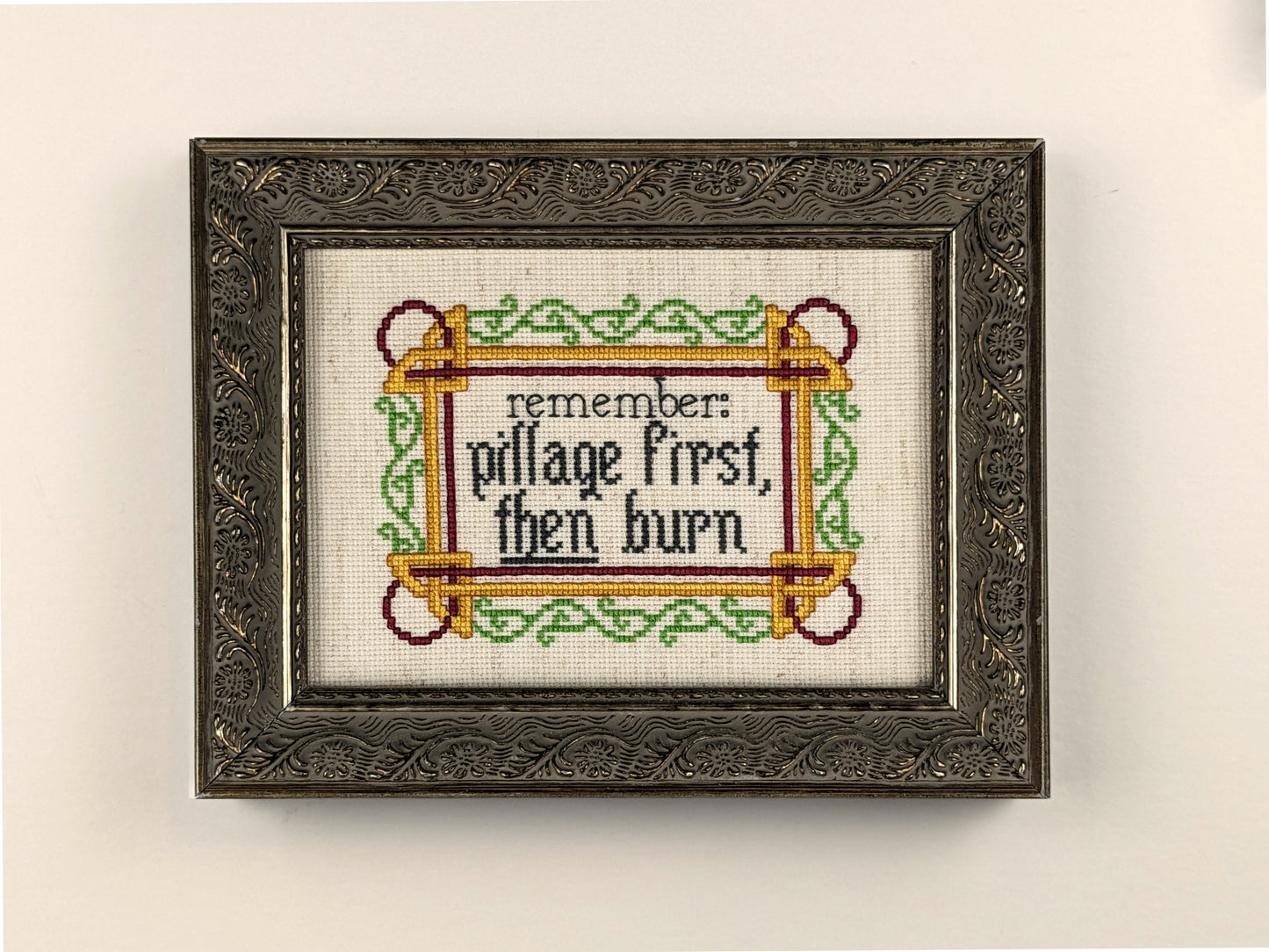 Raider's Creed: "Pillage First, Then Burn" funny subversive cross stitch pattern with Norse/Viking motifs - Instant PDF Download