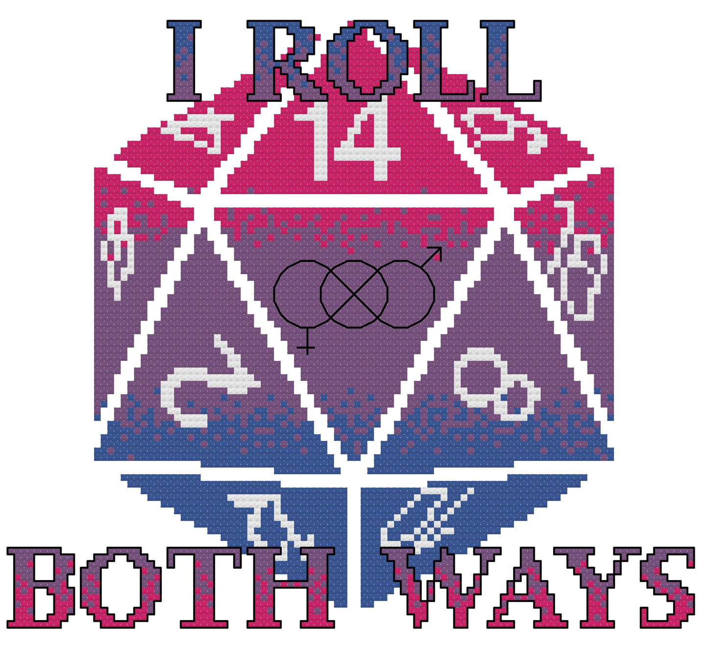 Bisexual pride flag D20 PDF cross stitch pattern: "Dicexuality"
