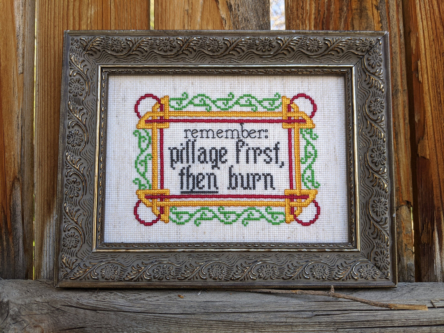 Raider's Creed: "Pillage First, Then Burn" funny subversive cross stitch pattern with Norse/Viking motifs - Instant PDF Download