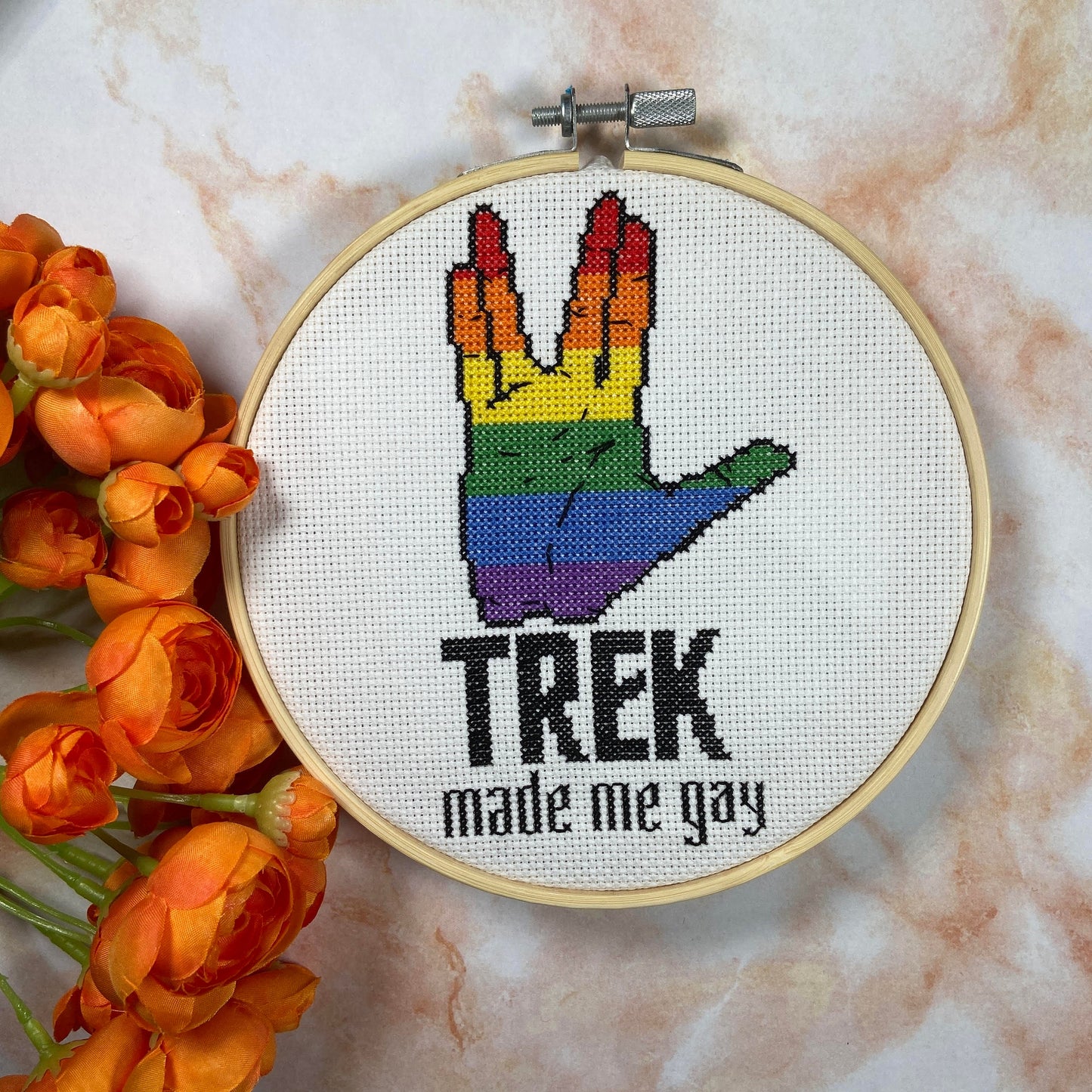 Trek Made Me Gay: funny subversive queer cross stitch PDF pattern (Star Trek parody - instant download) Live Long and Prosper Vulcan Salute