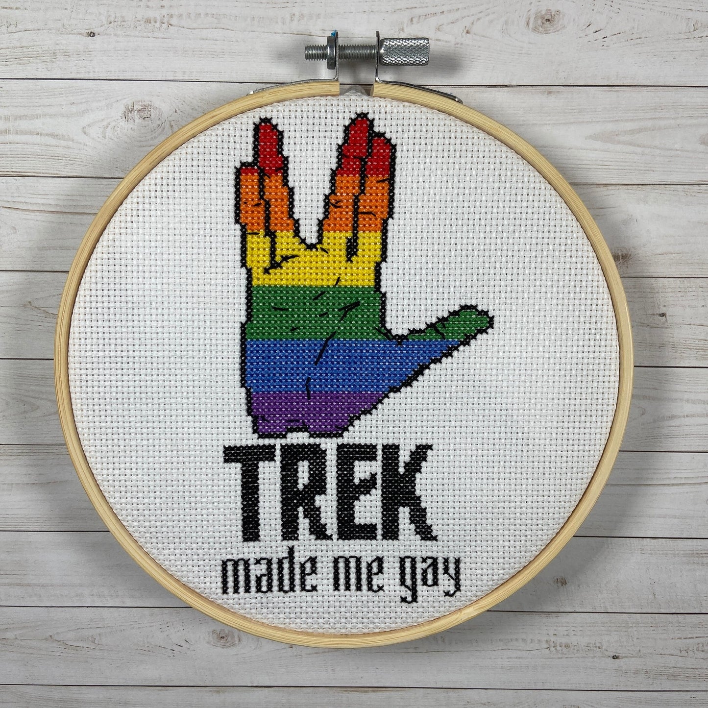 Trek Made Me Gay: funny subversive queer cross stitch PDF pattern (Star Trek parody - instant download) Live Long and Prosper Vulcan Salute