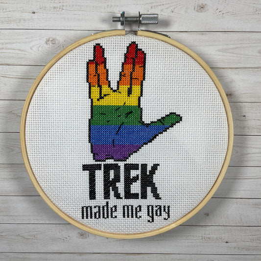 Trek Made Me Gay: funny subversive queer cross stitch PDF pattern (Star Trek parody - instant download) Live Long and Prosper Vulcan Salute