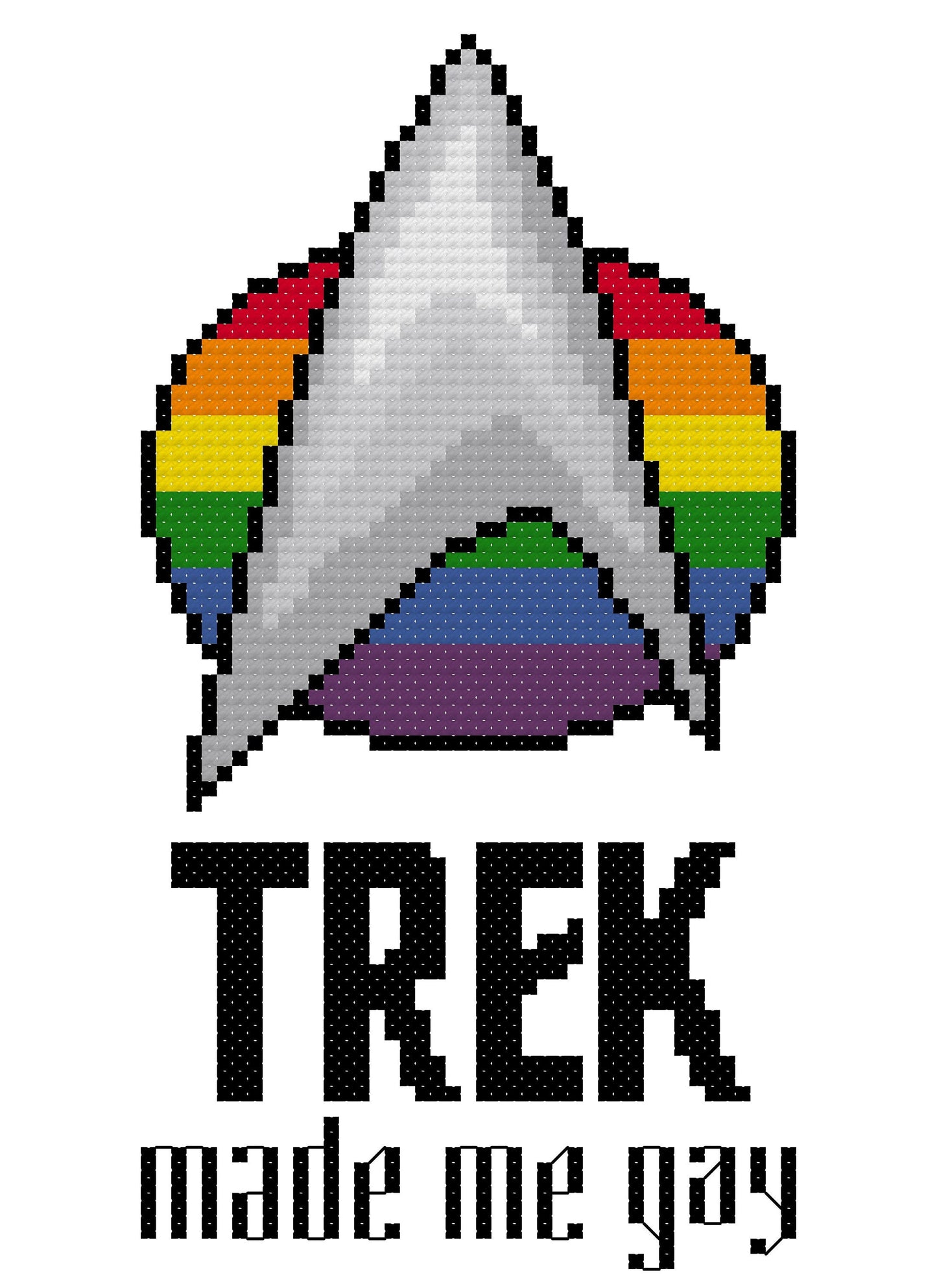 Trek into the Queer: Funny, subversive queer themed cross stitch pattern (Star Trek parody) Instant download Star Fleet insignia comm badge