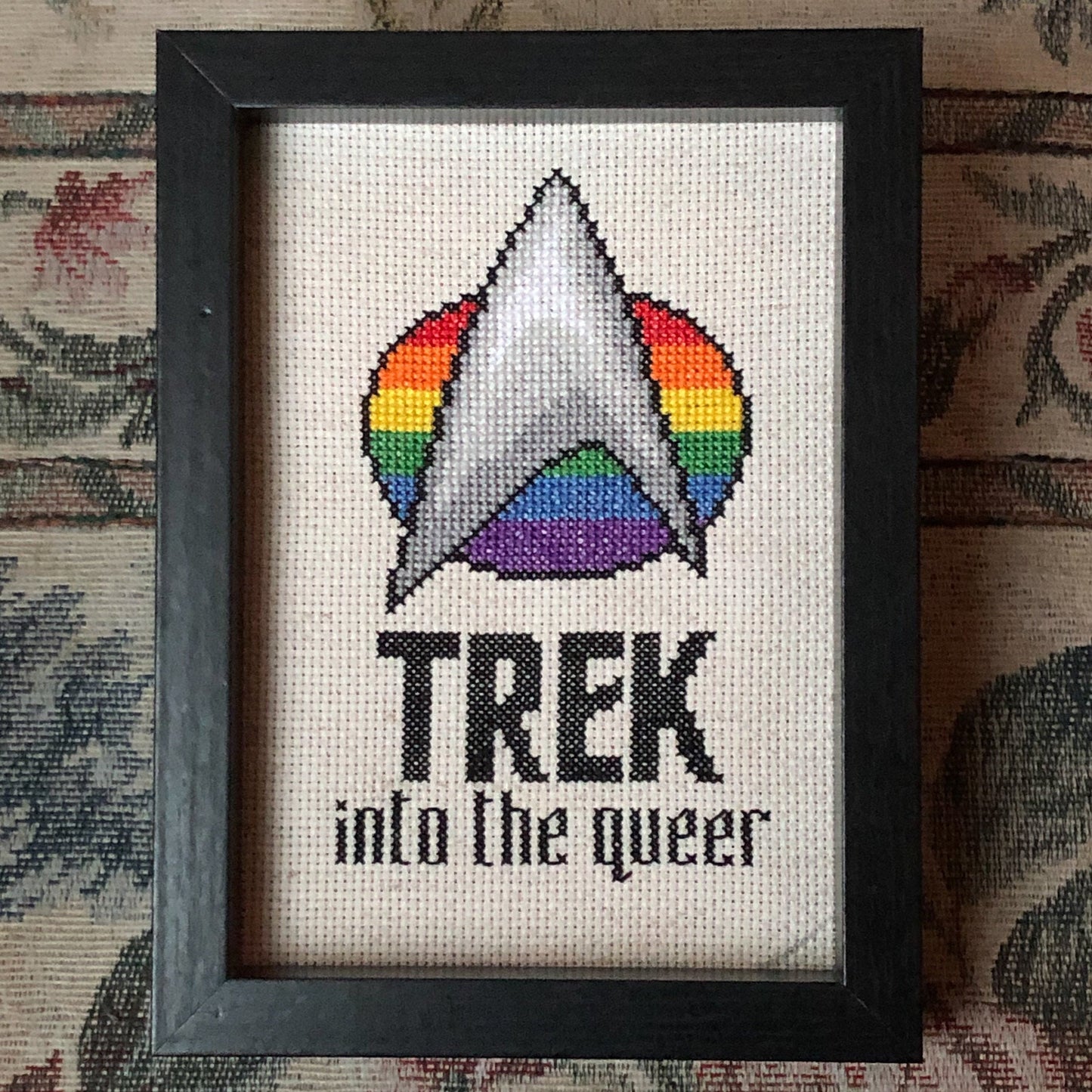 Trek into the Queer: Funny, subversive queer themed cross stitch pattern (Star Trek parody) Instant download Star Fleet insignia comm badge