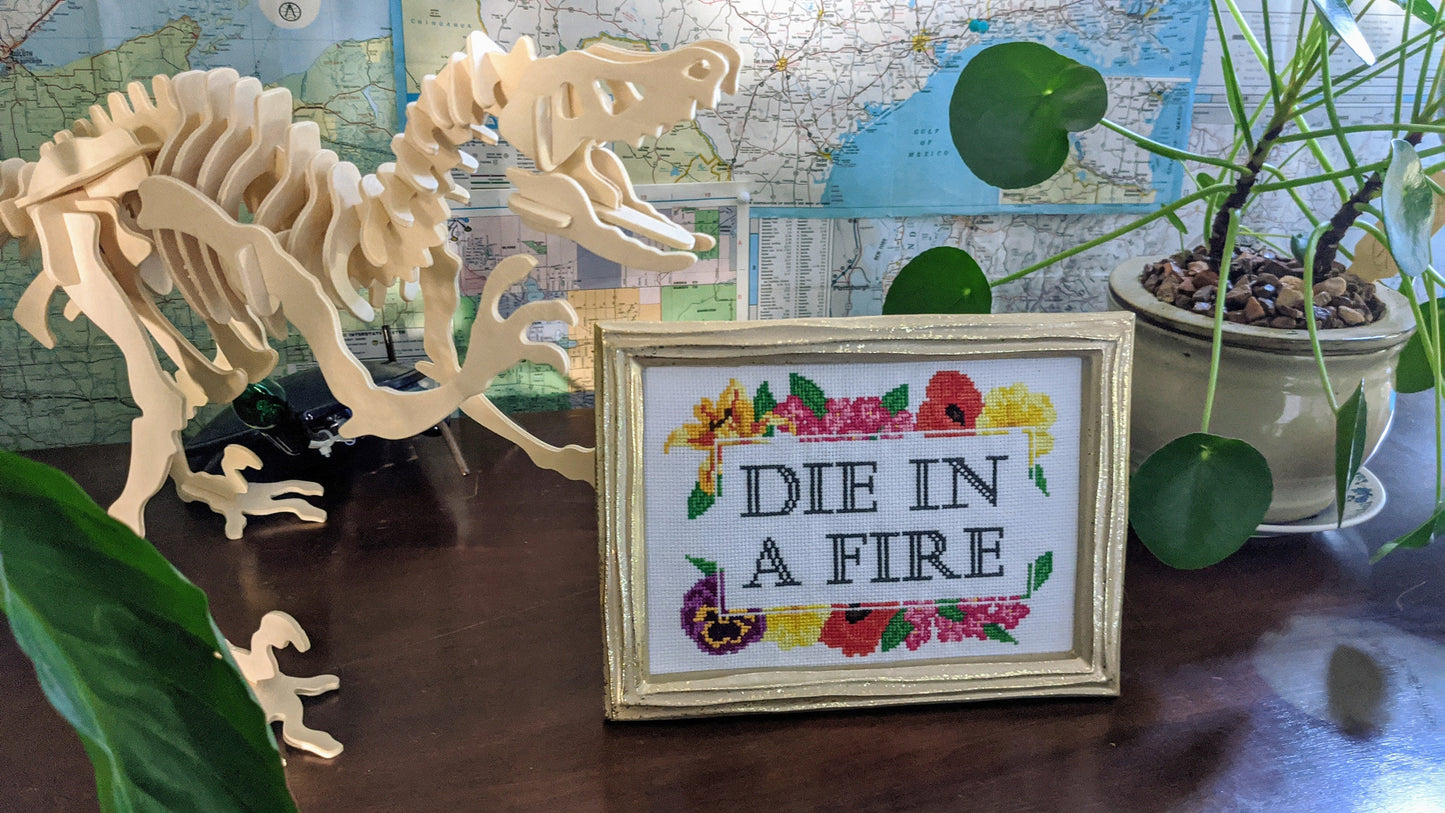 Die in a Fire - subversive floral cross stitch pattern - Instant PDF Download