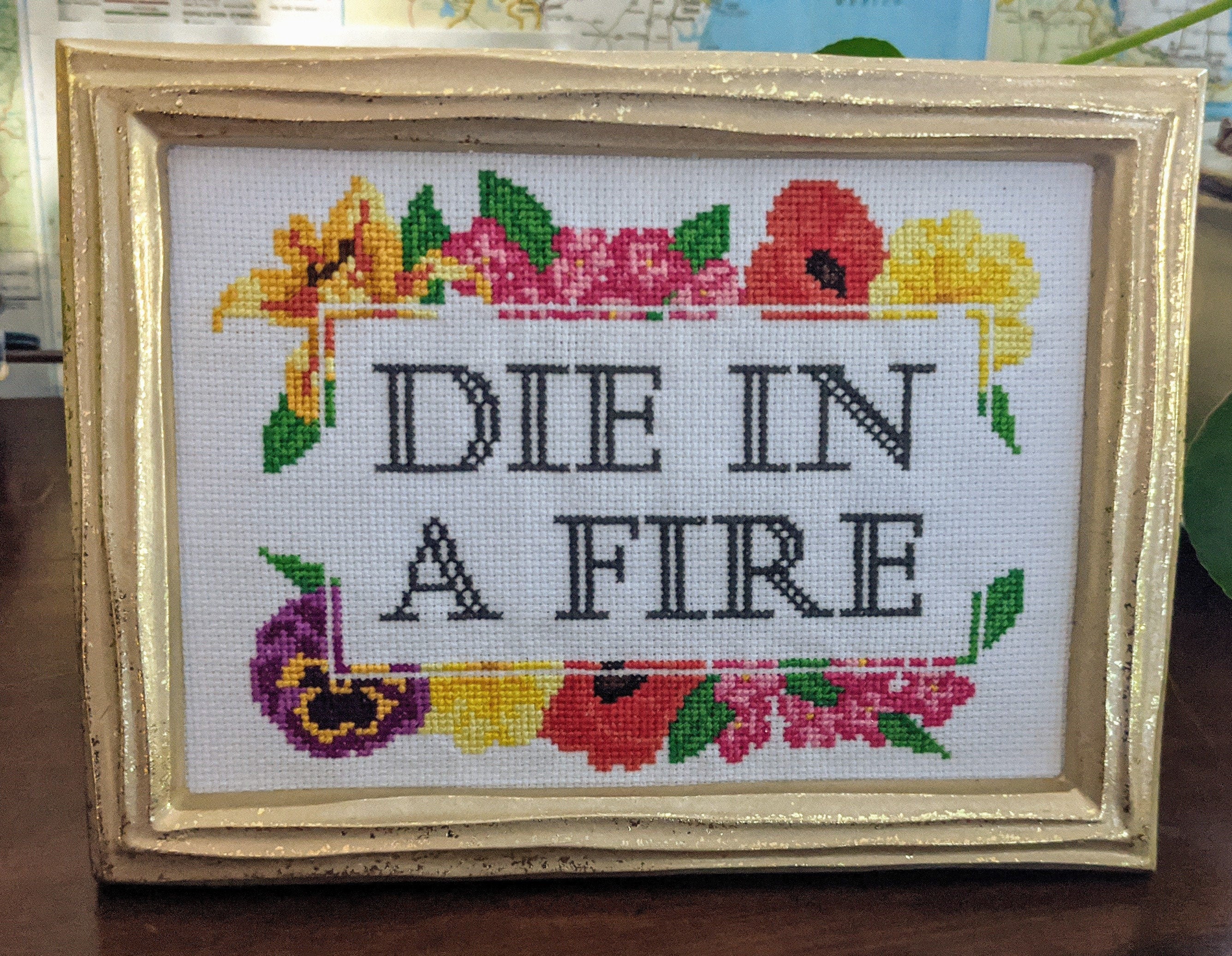 Custom Cross Stitch in Floral Frame || selling Subversive cross stitch