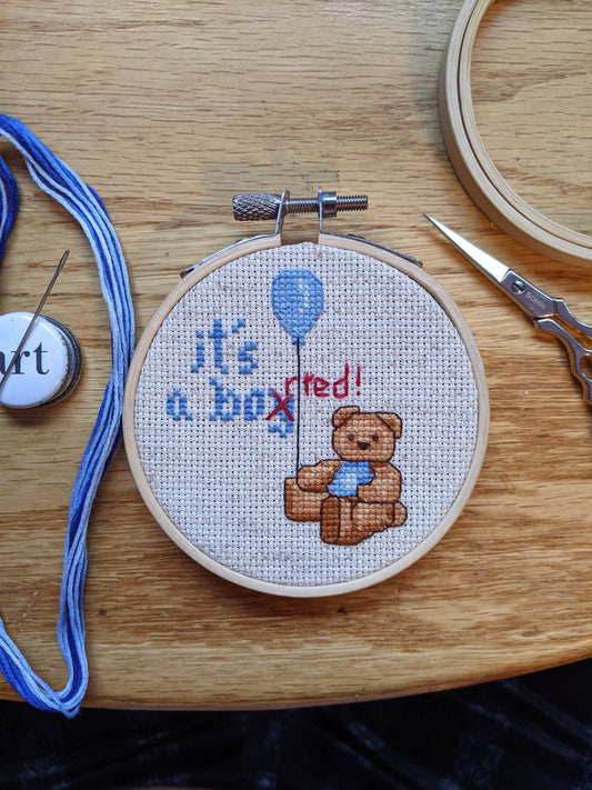 It's a boXrted! Cross stitch pattern - teddy bear themed pattern for abortion shower gift. Instant PDF download