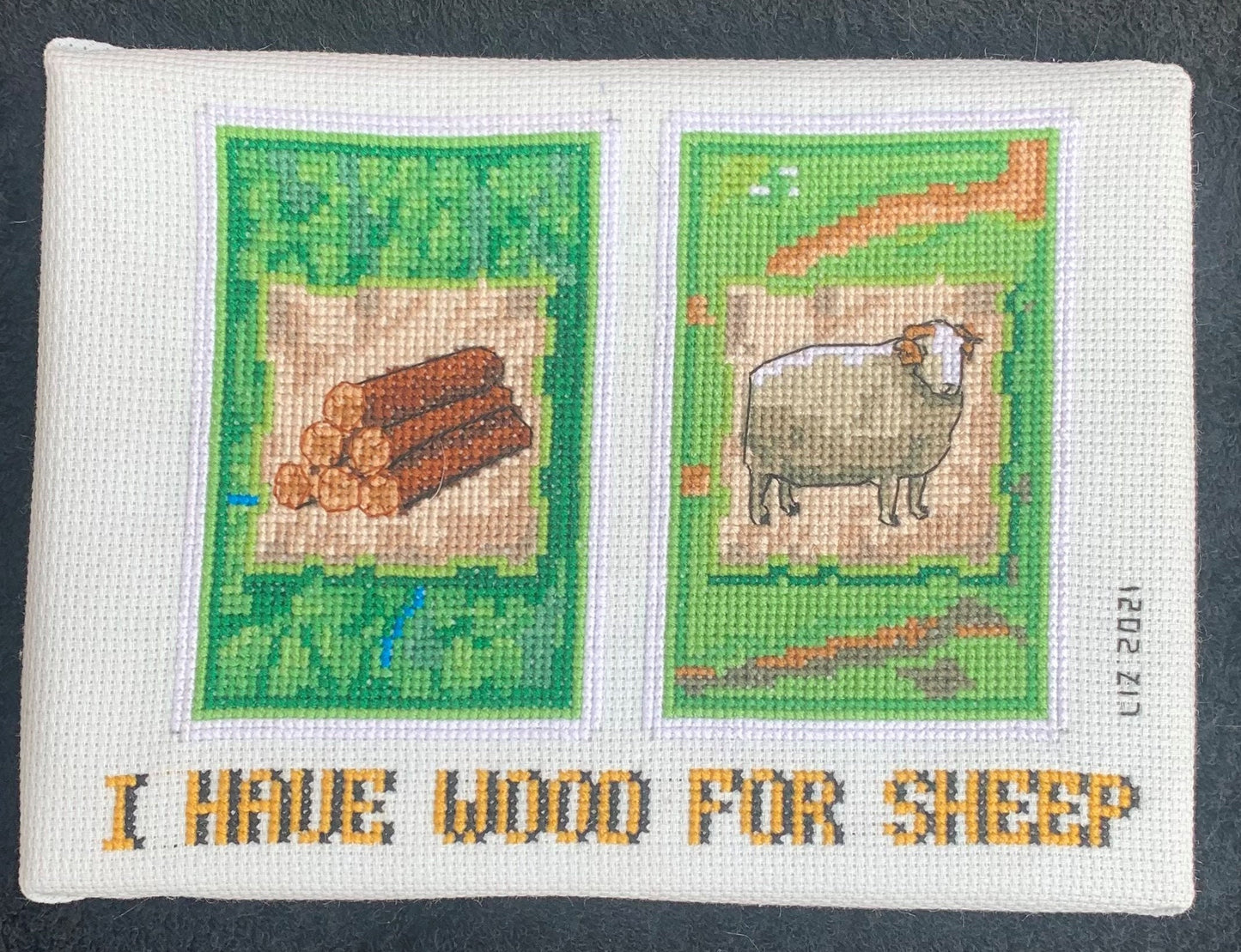 Board Game inspired (Catan Parody) cross stitch pattern: "I have wood for sheep" PDF cross stitch pattern