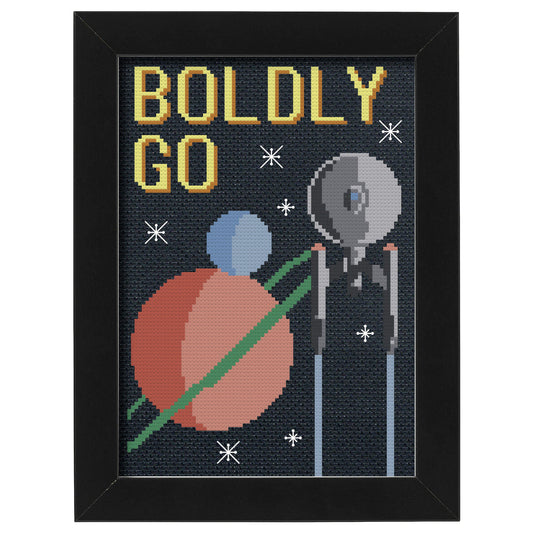 Retrofuturism and Star Trek inspired cross stitch pattern: "Boldly Go"